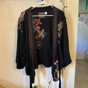 Black Cardigan with Floral Detail and Tie